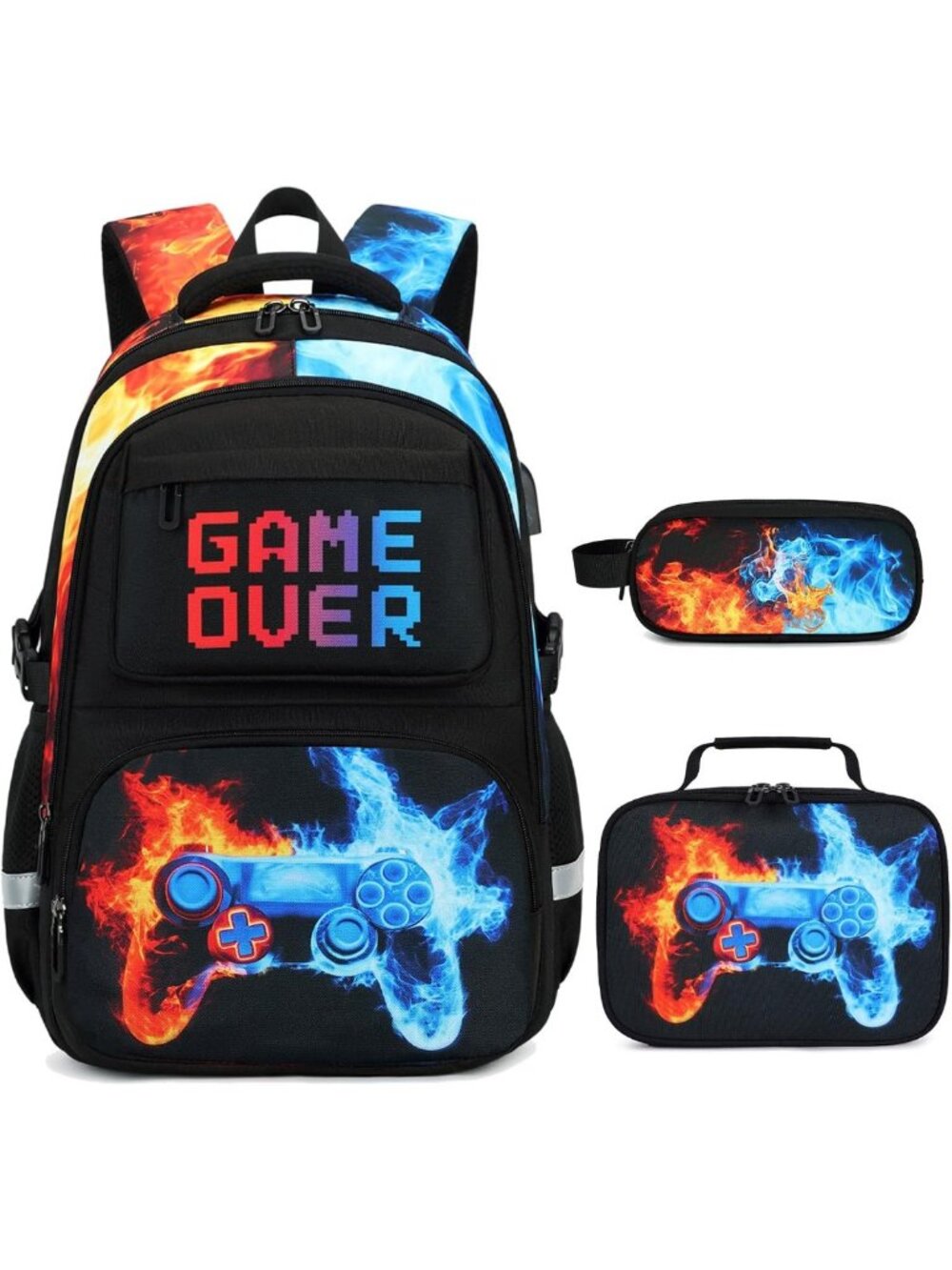 Stylish 3-Piece Boys Backpack Set with Lunch Bag & Pencil Case, USB Charging